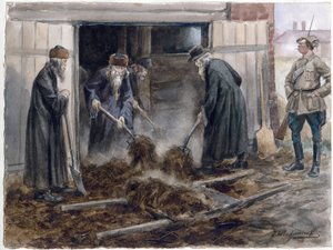 Russian Clergy Shoveling Hay: September 1918 (from the series of watercolors Russian Revolution)