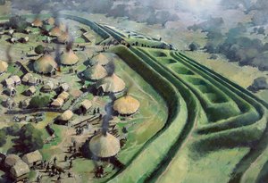 Aerial view of entrance to Old Oswestry Hill Fort during the Iron Age, c1970-2010 by Ivan Lapper
