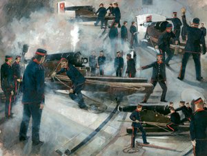 Gun crew, Dartmouth Point Battery casemates, Dartmouth Castle, late 19th century