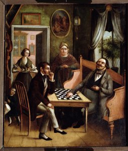 The Checkers Players. Group of Russian Bourgeois in an Interior. by Ivan Stepanovich Doshchennikov