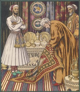 Prince Ali Buying a Carpet. Illustration for Arabian Fairy Tales by Ivan Yakovlevich Bilibin