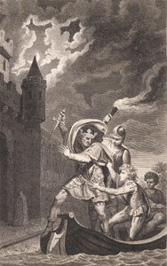 Illustration. A King with a Raised Dagger and Three People in a Boat by J.F. Clemens
