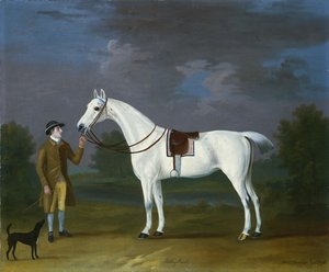 Tabby Runt, a Grey Hunter with His Owner and a Terrier in a River Landscape