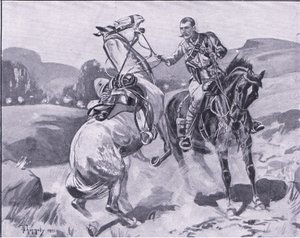 Major Brown, 14th Hussars, holding Lieutenant Brown