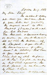 Letter signed J.M.F. [J.M. Forbes], Boston, to Eliot [William G. Eliot], November 7, 1863 by J. M. Forbes