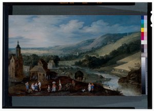 An Extensive River Landscape with Peasants Gathering the Harvest