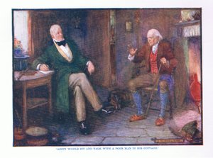 Scott would sit and talk with a poor man in his cottage, from English Literature published by T C & EC Jack, c.1920