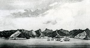 A view of Cumberland Bay at the island of Juan Fernandes, c.1745 (engraving) by J. S. Mason