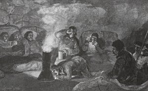 Interior of our Winter Hut at Camp Clay, during cooking, 1883 pub. London 1886 by J. Steeple Davis