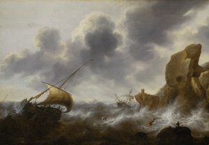 A Fishing Boat off a Rocky Coast in a Storm with a Wreck by Jacob Adriaensz. Bellevois