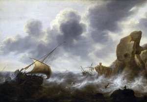A fishing boat caught in a storm near a rocky coast, with a shipwreck by Jacob Adriaensz. Bellevois