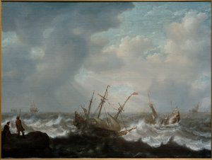 Three-Master and Other Ships in Stormy Sea by Jacob Adriaensz Bellevois