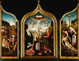A Triptych: Christ on the Cross with the Virgin, the Magdalen, Saint John the Evangelist and Angels; on the Wings Christ Offered Vinegar Before the Crucifixion and the Lamentation, the Agony in the Garden and Ecce Homo