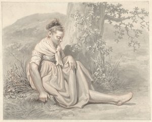 Peasant Girl Sitting on the Ground Next to a Tree by Jacob Ernst Marcus