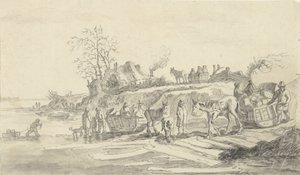Sledding by the shore of a frozen river by Jacob Ernst Marcus
