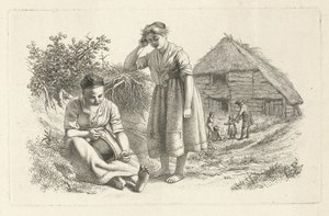 Two Women and a Man with Children in Front of a Barn (Study Prints / Etudes Gravées)