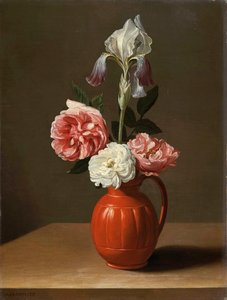 An Iris and Three Roses in an Earthenware Pot