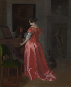 A Woman standing at a Harpsichord by Jacob Lucasz. Ochtervelt