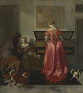 Two Women and a Man making Music by Jacob Lucasz. Ochtervelt