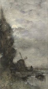 Landscape with Mill by Moonlight by Jacob Maris