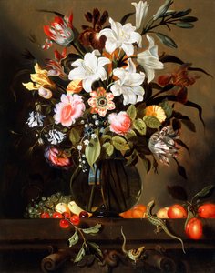 A Bouquet of Flowers with Fruit and two Sand Lizards on a Stone Ledge by Jacob Marrel