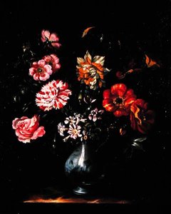 Flowers in a Blue and White Vase