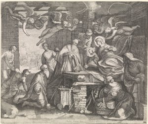 Adoration of the Kings with Angels by Jacob Matham (workshop of)