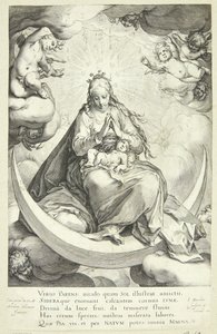 Virgin Mary with the Christ Child on the Crescent Moon, Surrounded by Angels by Jacob Matham