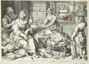 Kitchen Scene with a Kitchen Maid Plucking Poultry by Jacob Matham