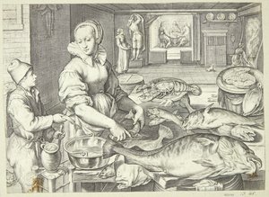 Kitchen Scene with a Cook Cleaning Fish by Jacob Matham