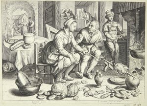 Kitchen Scene with a Man and a Woman Roasting a Chicken