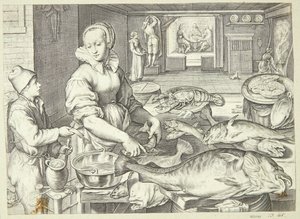 Kitchen Scene with a Cook Cleaning Fish by Jacob Matham