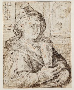 Portrait of a man with a cap and fur-trimmed cloak, facing right. Top right through a window opening view to other rooms