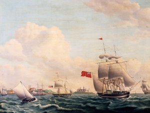 Ships Sailing through Oresund Strait between Sweden and Denmark with Kronborg Castle in Background