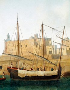 View of a Ship in the Port of Monopoli, Apulia, Italy by Jacob Philippe Hackert