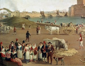 View over Taranto harbour, detail of commercial activities, workers and people in traditional dress
