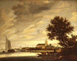 A River Landscape with a Ferry in the Foreground by Jacob Salomonsz. (circle of) Ruysdael