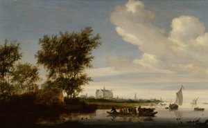 A Distant View of Alkmaar with Peasants and Cattle on a Ferry by Jacob Salomonsz. Ruysdael
