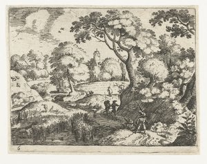 Landscape with Traveler and Soldiers (series title: Six Landscapes with Travelers) by Jacob Savery (I)