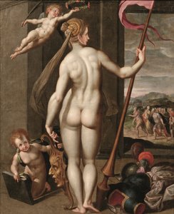 Minerva holding a lance while being crowned with laurels by a putto by Jacob de (studio of) Backer