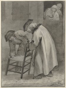 Two Men with Hats Looking at a Wicker Chair by Jacob de Wit