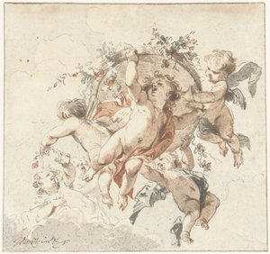 Floating cherubs with a basket of flowers by Jacob de Wit