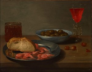 A Plate with Prawns and a Roll, a Bowl with Olives, a Façon de Venise, a Glass of Beer and Almonds on a Table by Jacob Van Es