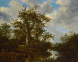 Wooded landscape with cattle crossing a stream by Jacob van Ruisdael