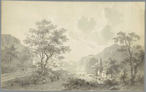 Small Waterfall by a Lake in a Mountain Landscape by Jacob van Strij