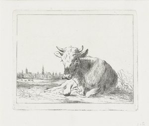 Lying Cow, with a City in the Background by Jacobus Cornelis Gaal