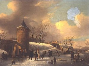 Skaters on a Frozen Waterway by a Tower