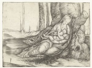 Mary with Child Sitting at the Foot of a Tree