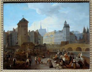 French Revolution: View of the bridge and the pump Notre-Dame in Paris by Jacques Albert Senave