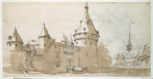 A turreted chateau and a church by Jacques Callot